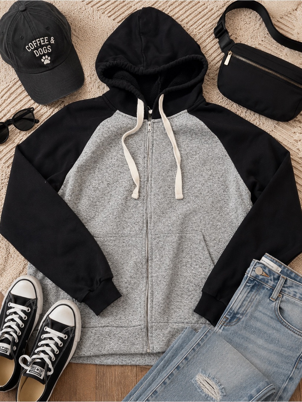 Zenana Outfitters 1X Heather Gray Black Colorblock Full Zip Hoodie